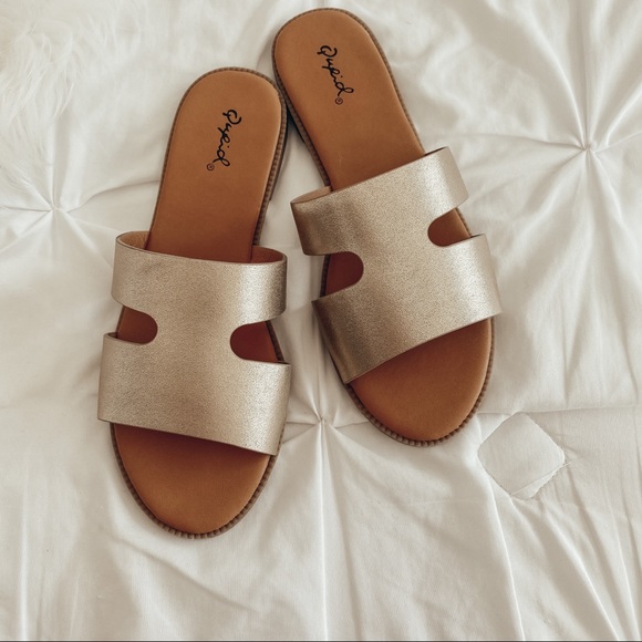 Qupid Shoes - Gold Sandals Slip Ons